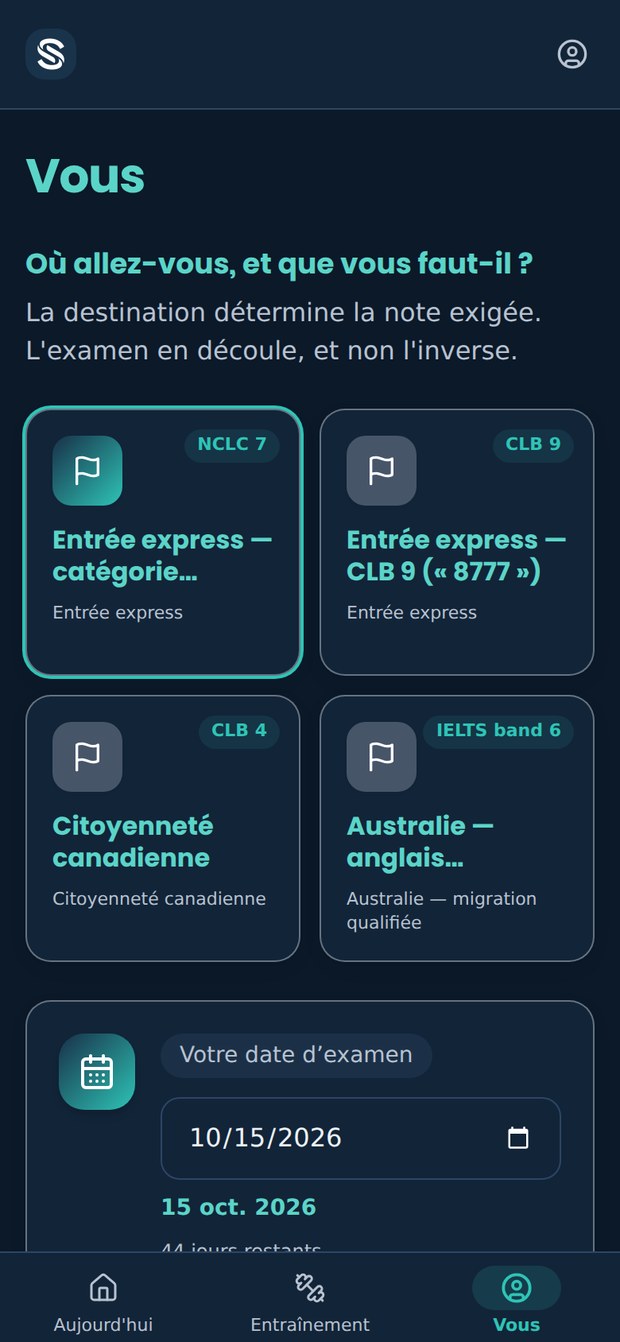 L’écran « Vous » : les quatre destinations, chacune avec le niveau qu’elle exige, et l’examen qui en découle