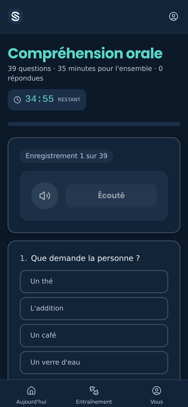 Un item de compréhension orale après l'écoute : la commande indique « Écouté » et est désactivée, et la question est apparue