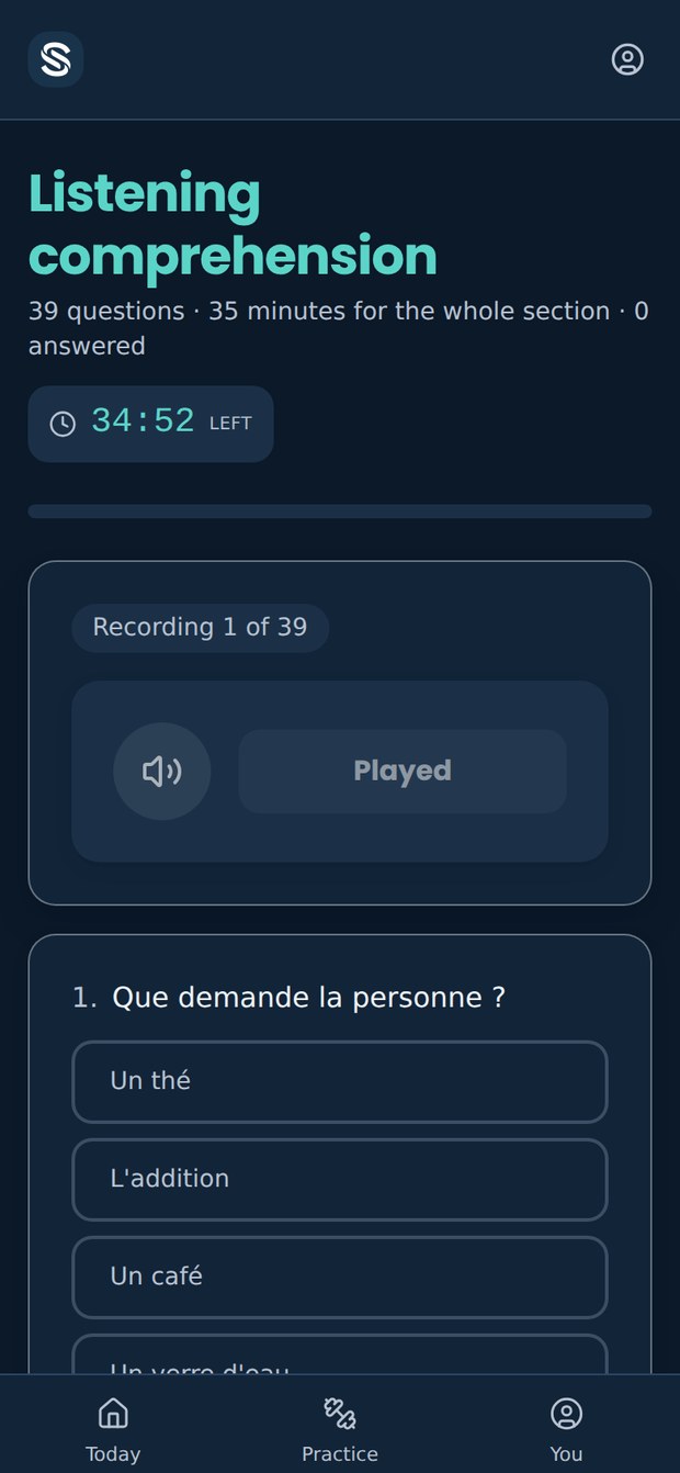 A listening item after its recording has played: the play control now reads Played and is disabled, and the question has appeared