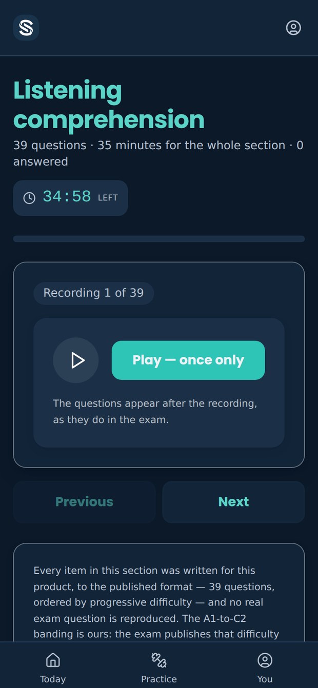 A listening item before the recording plays: a single play control reading Play — once only