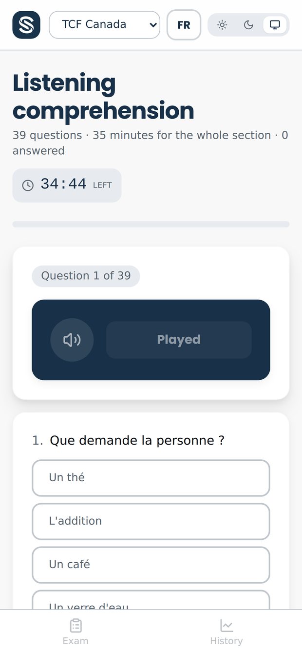 Un item de compréhension orale après l'écoute : la commande indique « Écouté » et est désactivée, et la question est apparue